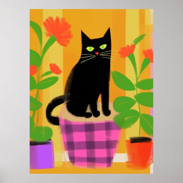 Poster Um Gato Preto Com Sede Púrpura Rosa (Frente)