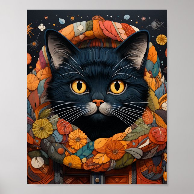 Poster Um gato preto num suéter floral (Frente)