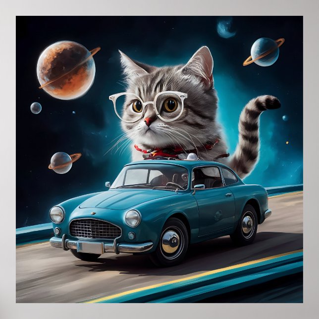 Poster Um gato vestindo óculos guiando um carro... (Frente)