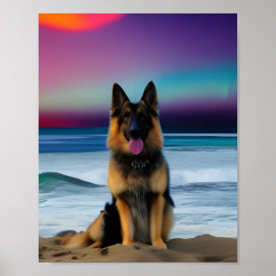 Poster Um German shepherd de praia peça de arte
