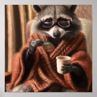 Poster Um guaxinim bonito com óculos em um tapete de casa