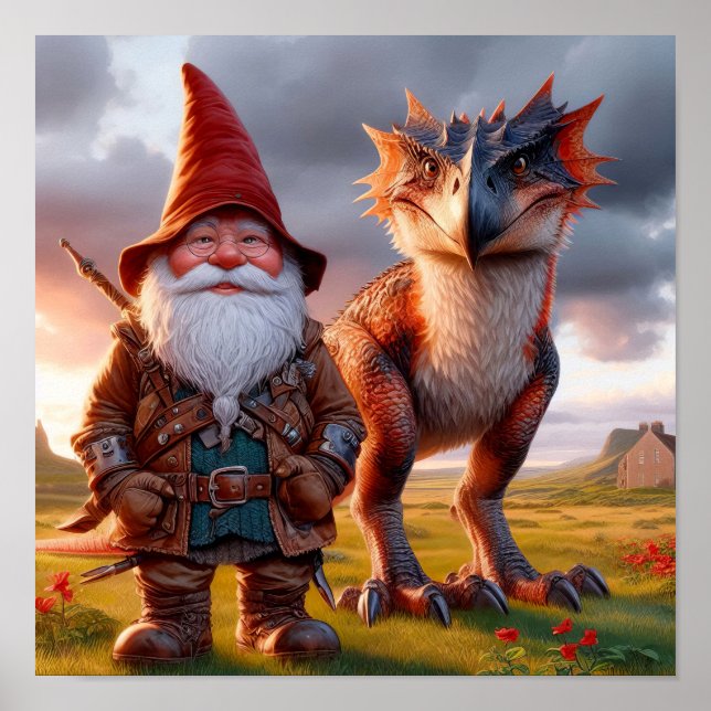 Poster Um Guerreiro Gnome posando com seu Dragão (Frente)