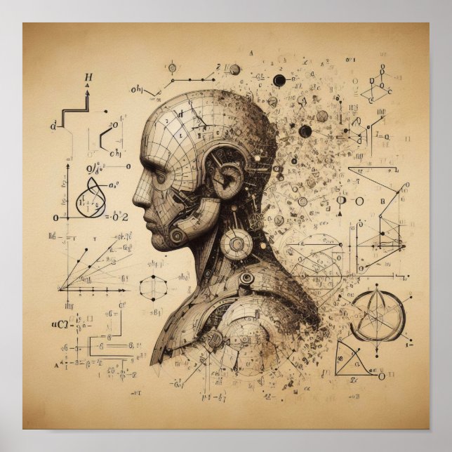 Poster Um humanoide sobreposto a uma folha de dados (Frente)