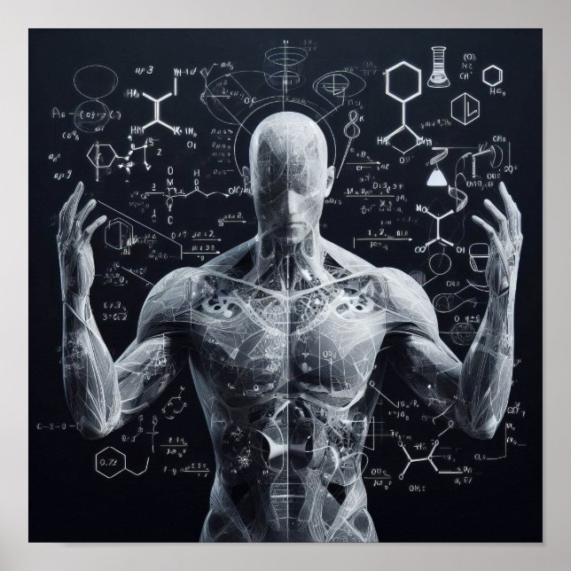 Poster Um humanoide sobreposto a uma folha de dados (Frente)