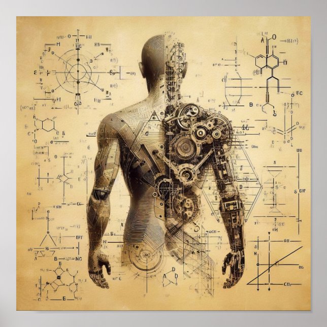 Poster Um humanoide sobreposto a uma folha de dados (Frente)