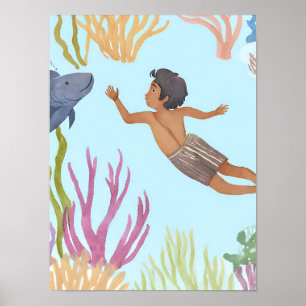 Poster Um jovem menino fazendo mergulho livre no caribe