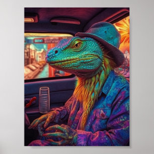 Poster Um lagarto psicodélico num veículo