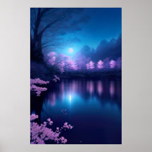 Um lago de flores de cereja à noite