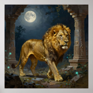 Poster Um Leão Dourado Passeando sob a Luz do Luar