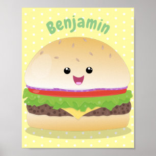 Poster Um lindo desenho animado de hambúrguer de kawaii