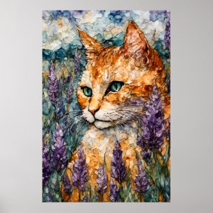 Poster Um lindo gato gengibre em um campo de lavanda