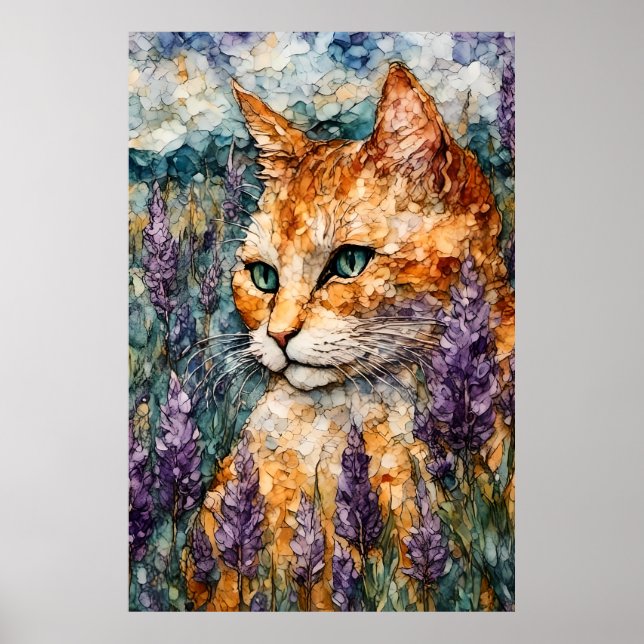 Poster Um lindo gato gengibre em um campo de lavanda (Frente)