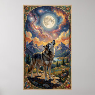 Poster Um lobo solitário uiva para a lua