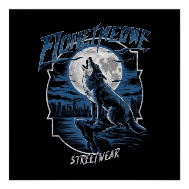 Pôster Um lobo solitário, uivando na lua de cheio em uma  (Frente)