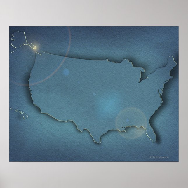 Pôster Um mapa azul simples dos EUA mostrando o Alasca e (Frente)