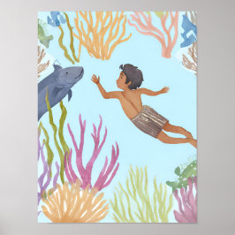 Poster Um menino solto mergulhando na caribe