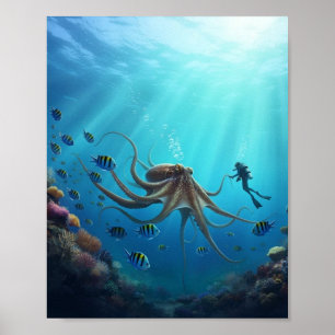 Poster Um mergulhador avista uma criatura marinha gigante
