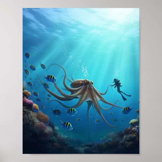 Poster Um mergulhador detecta uma criatura gigante do mar (Frente)