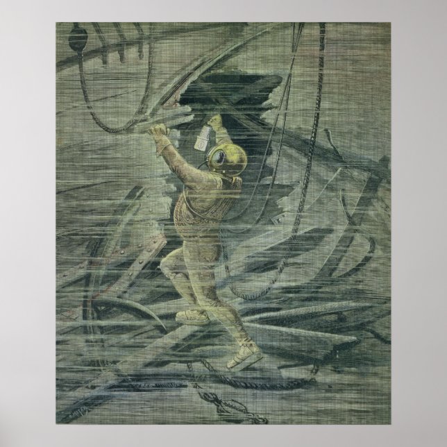 Pôster Um Mergulhador do Mar Profundo olhando para os des (Frente)