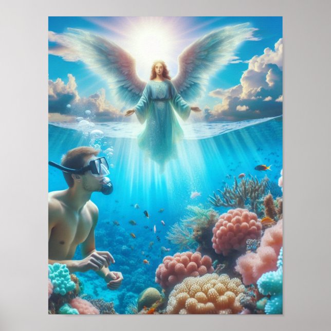Poster Um mergulhador se surpreende com um anjo em um rec (Frente)