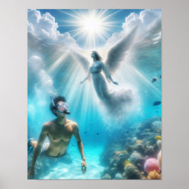 Poster Um mergulhador surpreso por um anjo