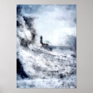 Poster Um oceano tempestuoso rodeia uma paisagem de farol