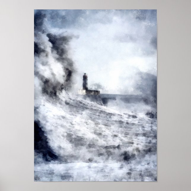 Poster Um oceano tempestuoso rodeia uma paisagem de farol (Frente)