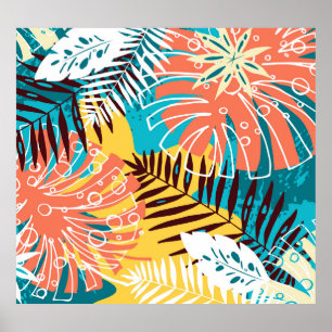 Poster Um padrão colorido de folhas da selva tropical.