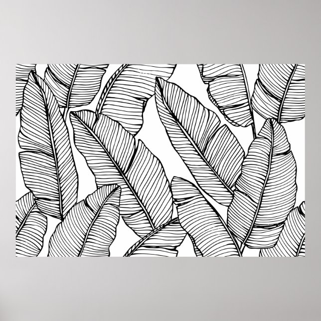 Poster Um padrão de folha de bananeira sem costura. Preto (Frente)
