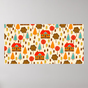 Poster Um padrão perfeito com casas na floresta. Vintag