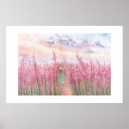 Poster Um Passeio em um Campo de Flores Rosa