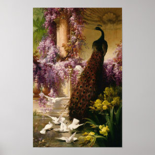 Poster Um pavão e pombas em um jardim, Eugene Bidau