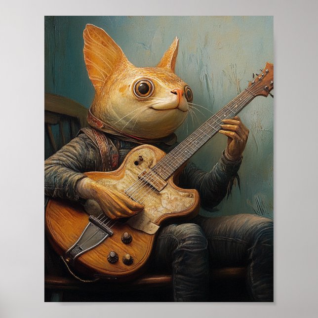 Poster Um peixe-gato engraçado tocando guitarra fantasia (Frente)