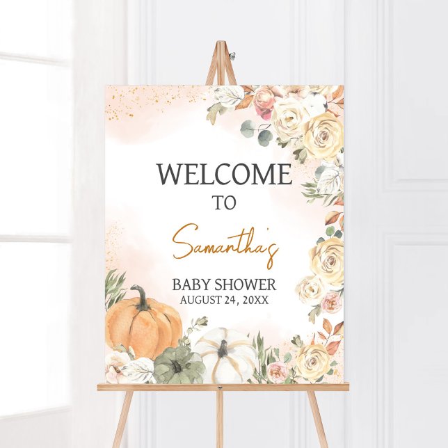 Poster Um Pequeno Chá de fraldas De Abóbora Bem-Vindo (Fall Floral Pumpkin Baby Shower Welcome Sign)