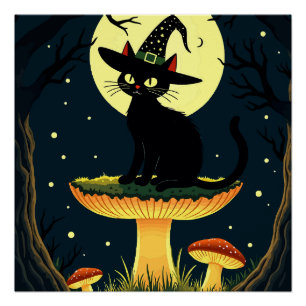 Pôster Um Pequeno Gato Bruxo Preto Sentado Em Um Cogumelo