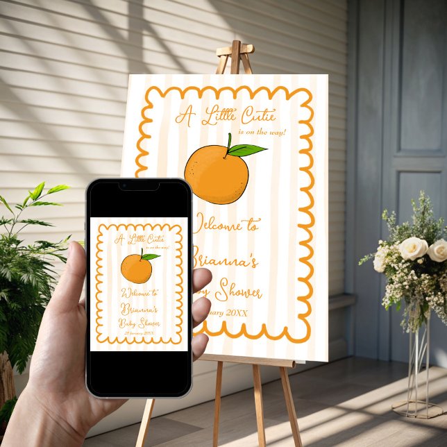 Poster Um pequeno sinal de boas-vindas ao chá de fraldas  (A little cutie citrus orange baby shower welcome sign poster template handrawn sketch wavy border)