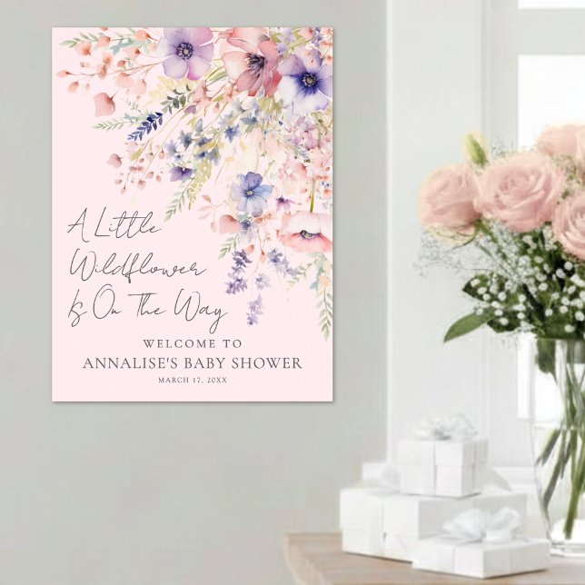 Poster Um Pequeno Sinal de Chuveirinho de Bebê Rosa Blush (A Little Wildflower Blush Pink Baby Shower Sign)