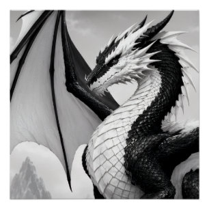 Pôster Um poderoso design de dragão preto e branco aprese