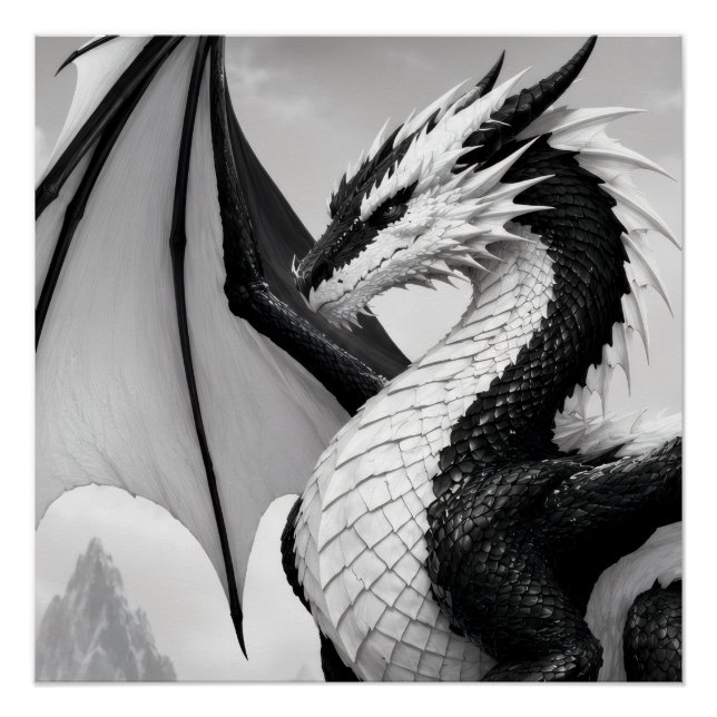 Pôster Um poderoso design de dragão preto e branco aprese (Frente)