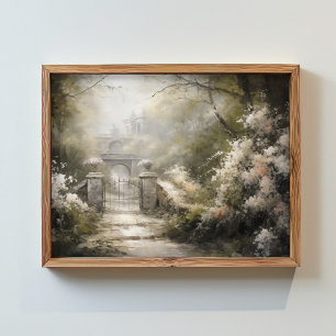 Poster um portão em uma floresta junto com flores