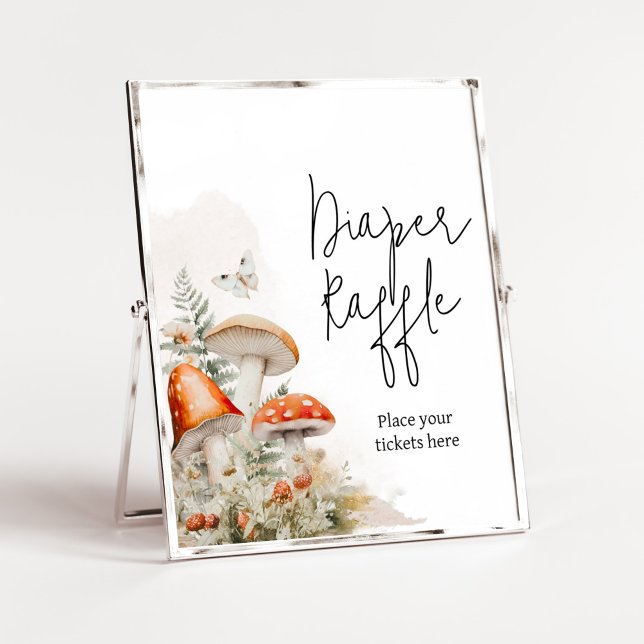 Poster Um Pouco De Fungo Encantado Fralda De Cogumelo Raf (Little Mushroom Baby Shower Diaper Raffle Sign)