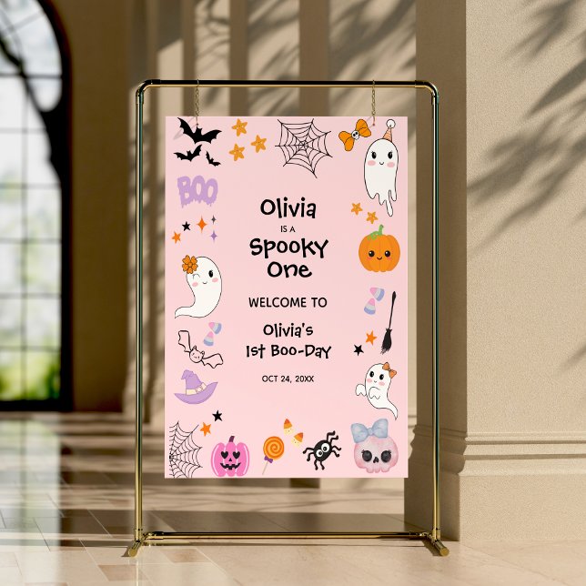 Poster Um primeiro aniversario de Dia das Bruxas Rosa Sap (Pink Spooky One Cute Ghost Halloween 1st Birthday Welcome Sign )