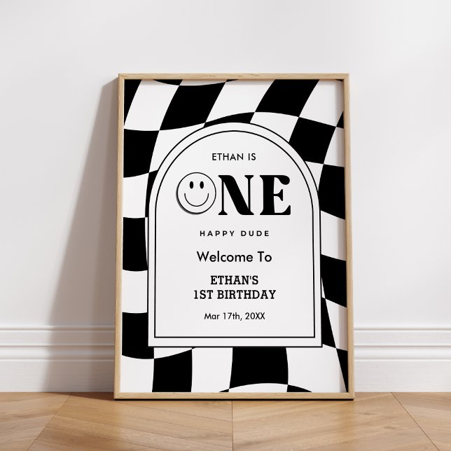 Poster Um primeiro aniversario Feliz do Cara Feliz Bem-vi (One Happy Dude Happy Face Boy 1st Birthday Welcome Sign )