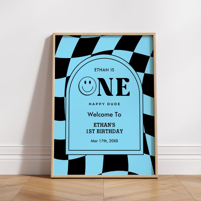 Poster Um primeiro aniversario Feliz do Cara Feliz Bem-vi (One Happy Dude Happy Face Boy 1st Birthday Welcome Sign )
