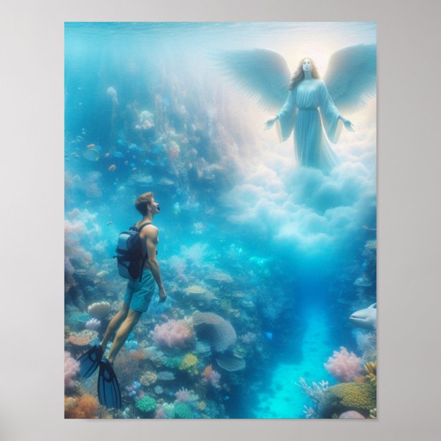 Poster Um snorkeler surpreendido ao ver um anjo num recif (Frente)