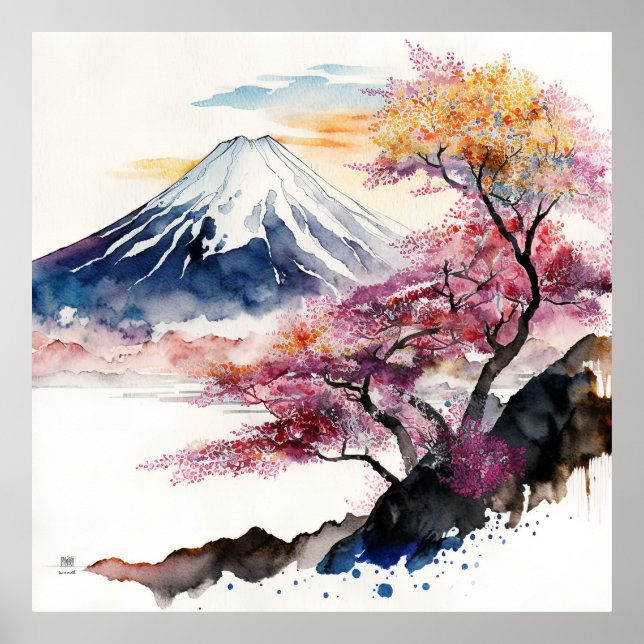 Poster Uma bela aquarela do Monte Fuji (Frente)
