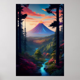 Poster Uma borda da floresta diante do poderoso vulcão
