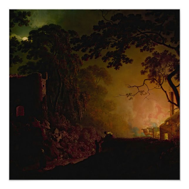 Pôster Uma cabana em chamas à noite Joseph Wright de Derb (Frente)