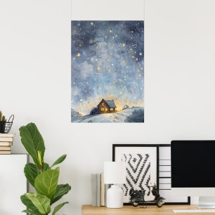 Poster Uma casa brilhante enfeitiçada sob um céu estrelad