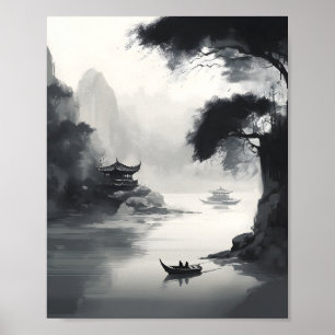 Poster Uma Cena Representando Uma Paisagem Chinesa E Um B